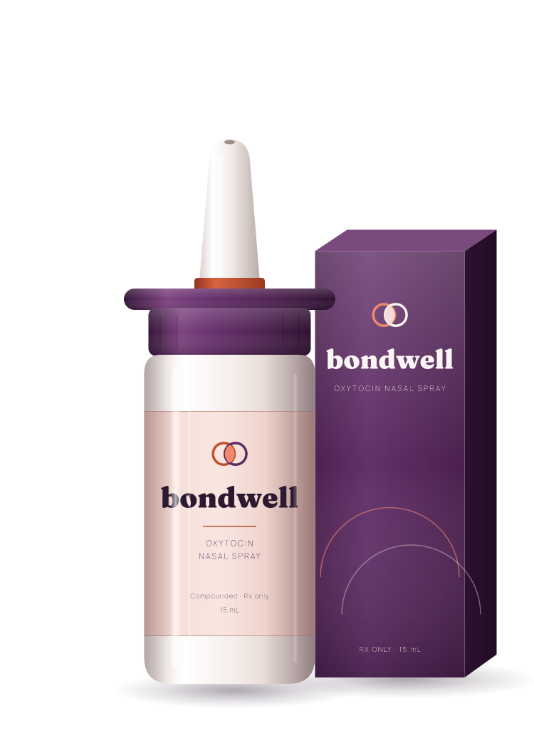 Bondwell oxytocin nasal spray bottle beside its plum carton